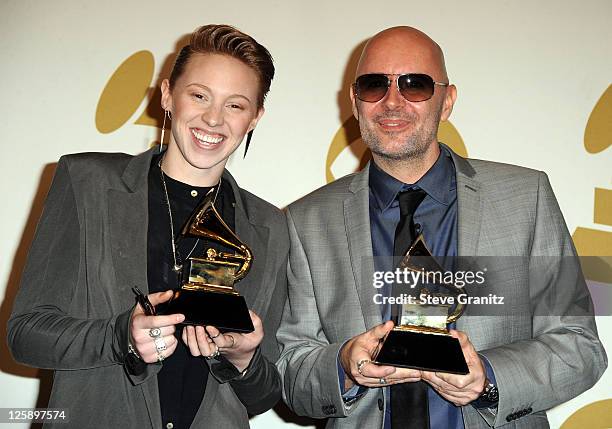 Musicians Elly Jackson and Ben Langmaid from the band La Roux pose in the press room at The 53rd Annual GRAMMY Awards held at Staples Center on...