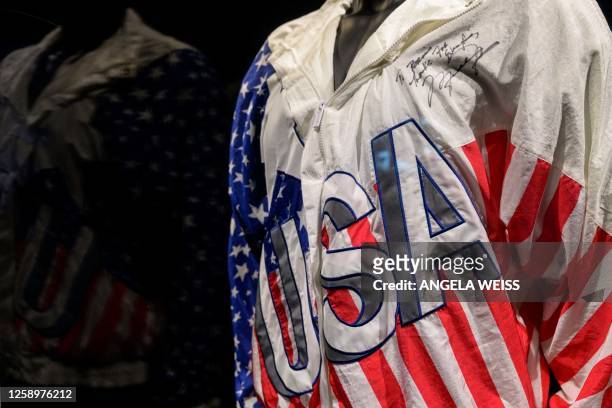 Michael Jordan's 1992 Summer Olympics "Dream Team" Reebok Jacket is displayed during Sotheby's sports memorabilia auction preview in New York City on...