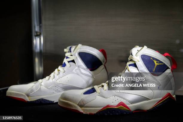 Michael Jordan's worn and signed 1992 Olympic 'Dream Team' Air Jordan VII sneakers are displayed during Sotheby's sports memorabilia auction preview...