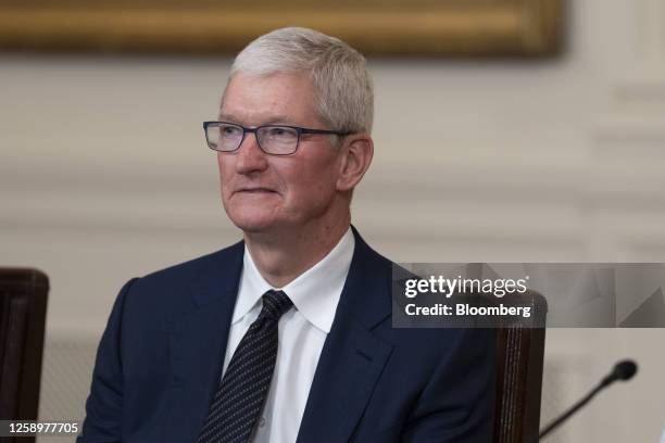 Tim Cook, chief executive officer of Apple Inc., during an event with senior officials and chief executive officers in the East Room of the White...