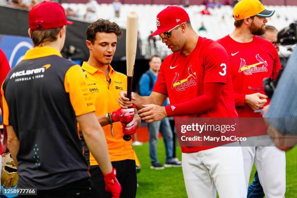 Lando Norris with Dylan Carlson of the St. Louis Cardinals during the 2023 London Series Workout Day at London Stadium on Friday, June 23, 2023 in...