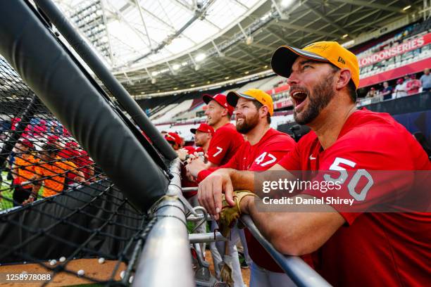 Jordan Montgomery and Adam Wainwright of the St. Louis Cardinalsduring the 2023 London Series Workout Day at London Stadium on Friday, June 23, 2023...