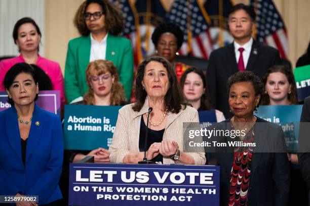 Rep. Diana DeGette, D-Colo., speaks during a Pro-Choice Caucus event in Cannon Building's Speaker Nancy Pelosi Caucus Room marking one year since the...