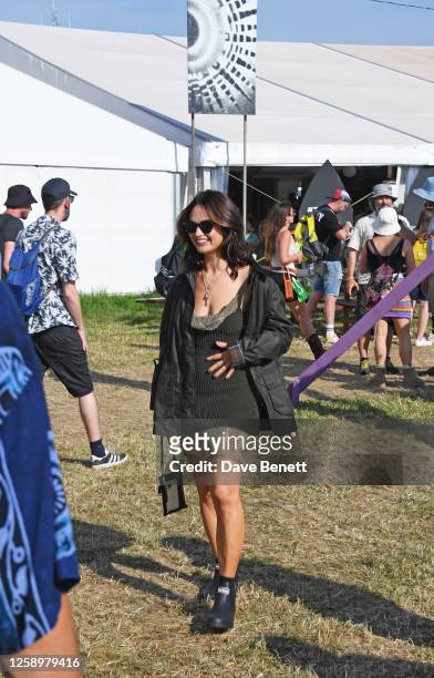 Lily James is seen on day one of the Glastonbury Festival wearing her Barbour wax jacket on June 23, 2023 in Glastonbury, England.