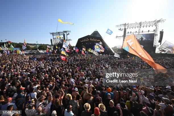 Crowds watch performers on Day 3 of Glastonbury Festival 2023 on June 23, 2023 in Glastonbury, England.