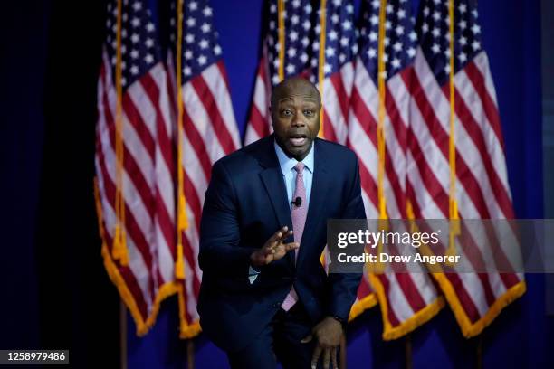 Republican presidential candidate Sen. Tim Scott delivers remarks at the Faith and Freedom Road to Majority conference at the Washington Hilton on...