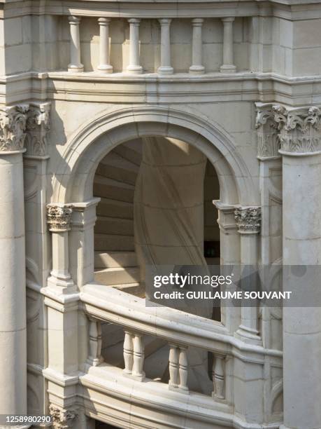 Photograph taken on June 16, 2023 shows restored stairs at the castle the Chambord castle, in Chambord, Central France. The work which started in May...