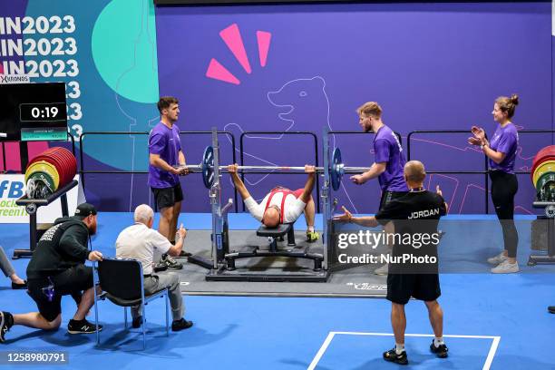 Powerlifting athlete competes in bench press during the Special Olympics Summer World Games Berlin 2023 in Messe Conference Centrein the center of...