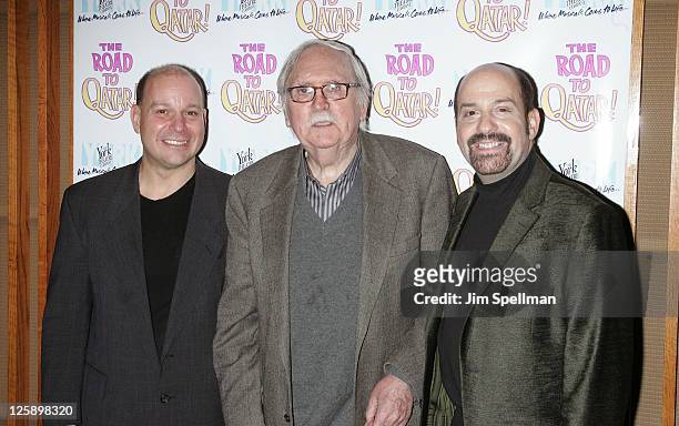 Composer Stephen Cole, Thomas Meehan and Composer David Krane attend the Off-Broadway opening night of "The Road to Qatar" at The York Theatre at...