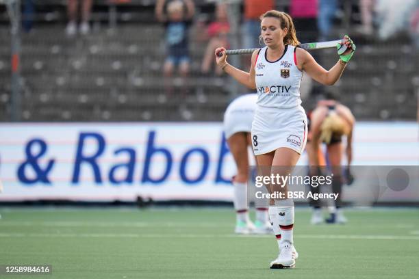 Anne Schroder of Germany looks dejected after the FIH Hockey Pro League Women's match between Netherlands and Germany at the Wagener Stadion on June...