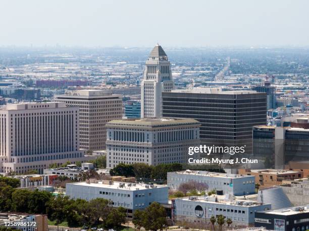 Buildings left to right: Los Angeles Superior Court at the United States Courthouse; James K. Hahn City Hall East; Hall of Justice; Los Angeles City...