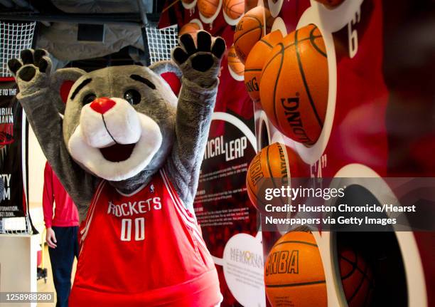 Clutch, the Houston Rockets mascot, reacts after doing a vertical leap during a preview at Toyota Center of the family-friendly activities that will...