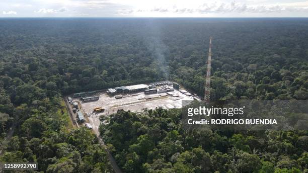 Aerial picture of the Tambococha oil platform of state-owned Petroecuador in Yasuni National Park, northeastern Ecuador, taken on June 21, 2023. The...
