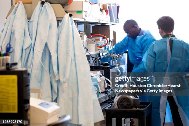 Researchers work in a laboratory that studies anthrax and the plague at the Galveston National Laboratory University of Texas Medical Branch on...