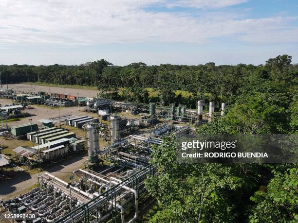 Aerial picture of the Tiputini Processing Center of state-owned Petroecuador in Yasuni National Park, northeastern Ecuador, taken on June 21, 2023....