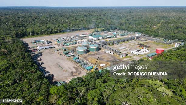 Aerial picture of the Tiputini Processing Center of state-owned Petroecuador in Yasuni National Park, northeastern Ecuador, taken on June 21, 2023....