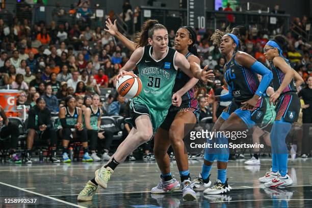 New York forward Breanna Stewart drives to the basket during the WNBA game between the New York Liberty and the Atlanta Dream on June 23rd, 2023 at...
