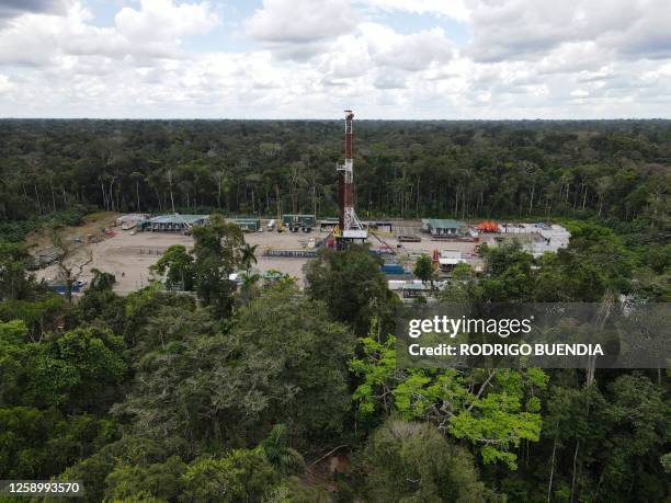 Aerial picture of the Ishpingo oil platform of state-owned Petroecuador in Yasuni National Park, northeastern Ecuador, taken on June 21, 2023. The...