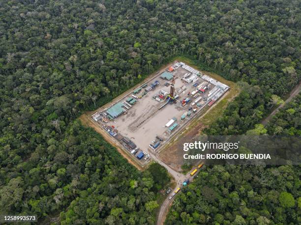 Aerial picture of the Ishpingo oil platform of state-owned Petroecuador in Yasuni National Park, northeastern Ecuador, taken on June 21, 2023. The...