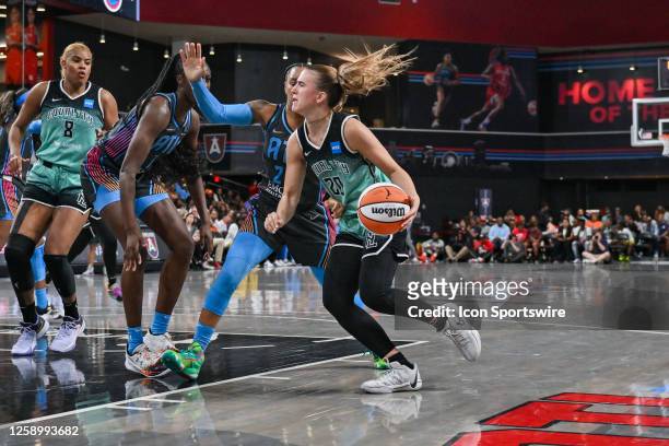 New York guard Sabrina Ionescu drives to the basket during the WNBA game between the New York Liberty and the Atlanta Dream on June 23rd, 2023 at...