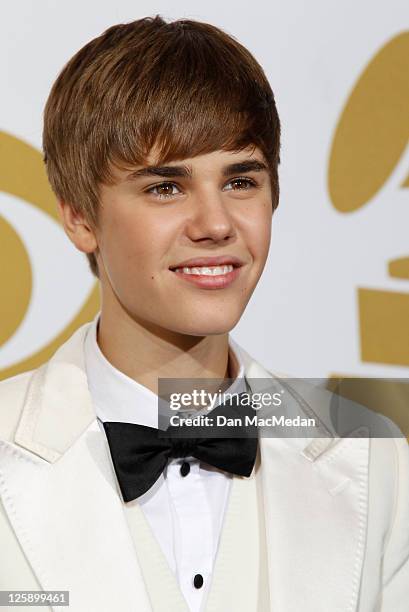 Justin Bieber poses in the press room at The 53rd Annual GRAMMY Awards held at Staples Center on February 13, 2011 in Los Angeles, California.