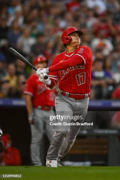 Shohei Ohtani of the Los Angeles Angels hits a fifth inning solo homerun in a game against the Colorado Rockies at Coors Field on June 23, 2023 in...