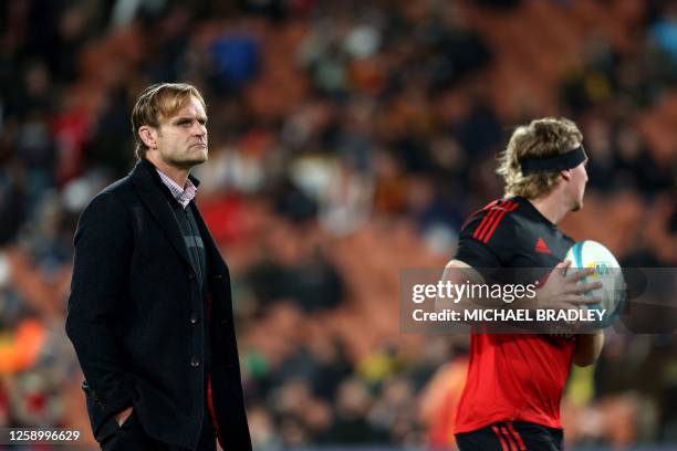 Coach Scott Robertson of the Crusaders looks on prior to the Super Rugby Pacific final match between the Chiefs and Crusaders at FMG Stadium in...