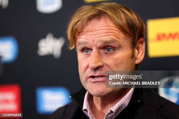 Crusaders' coach Scott Robertson speaks to media prior to the Super Rugby final match between the Chiefs and Crusaders at FMG Stadium in Hamilton on...