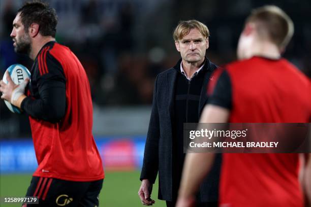 Coach Scott Robertson of the Crusaders looks on prior to the Super Rugby Pacific final match between the Chiefs and Crusaders at FMG Stadium in...