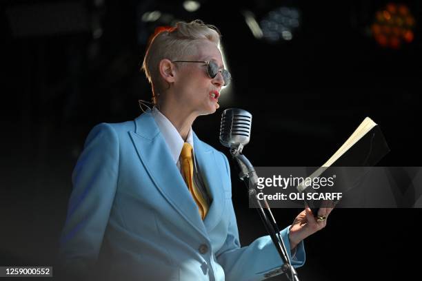 British actor Tilda Swinton performs on day 4 of the Glastonbury festival in the village of Pilton in Somerset, southwest England, on June 24, 2023....