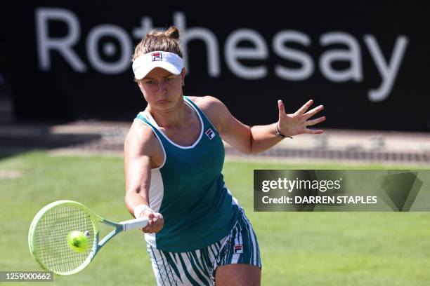 Czech Republic's Barbora Krejcikova returns to China's Lin Zhu during their women's singles semi-final tennis match at the Rothesay WTA Birmingham...