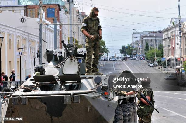 Armored vehicles and fighters of Wagner on streets after the Wagner paramilitary group has taken control of the headquarters of Russia's southern...