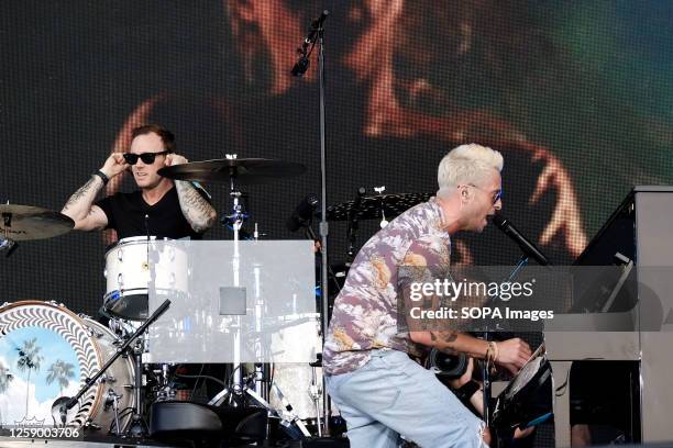 Drummer Eddie Fisher and Ryan Tedder, lead singer and guitarist with American indie alternative pop rock band OneRepublic performing live on stage at...