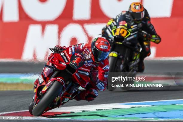 Ducati Lenovo Team's Italian rider Francesco Bagnaia steers his motorbike during the qualifying ahead of the Dutch MotoGP at the TT circuit of Assen,...