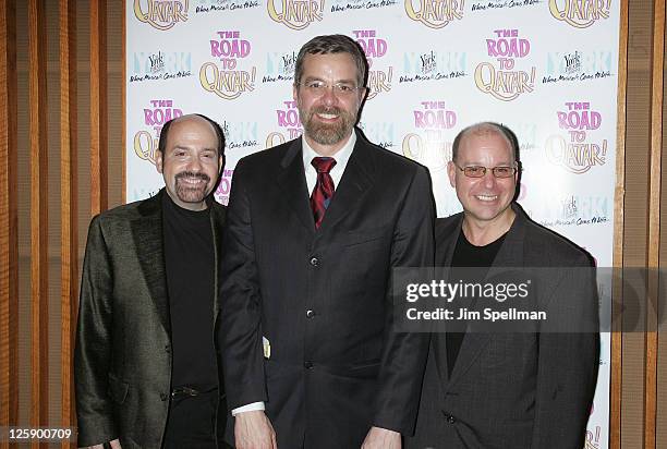 Composer David Krane, Director Phillip George, Composer Stephen Cole and Bob Richard attend the Off-Broadway opening night of "The Road to Qatar" at...