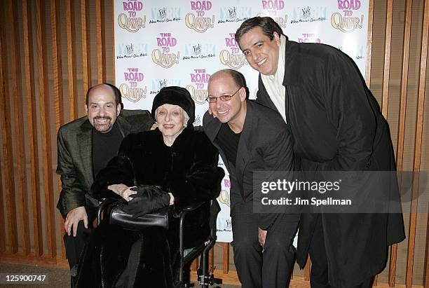 Composer Davis Krane, Actress Celeste Holm, Composer Stephen Cole and guest attend the Off-Broadway opening night of "The Road to Qatar" at The York...