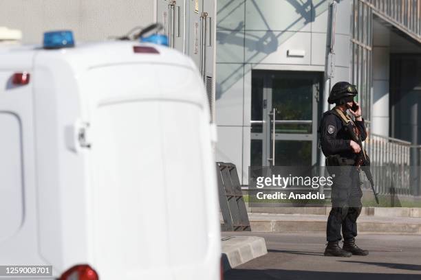 Police officers stand guard outside the Wagner Center in St. Petersburg, Russia on June 24, 2023.