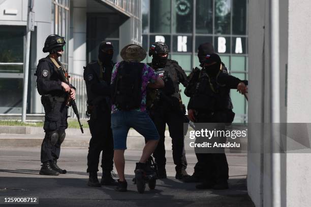 Police officers stand guard outside the Wagner Center in St. Petersburg, Russia on June 24, 2023.