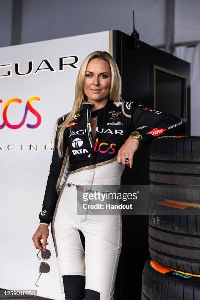 In this handout from Jaguar Racing, former world cup skier Lindsey Vonn poses during the ABB FIA Formula E Championship - 2023 Southwire Portland...