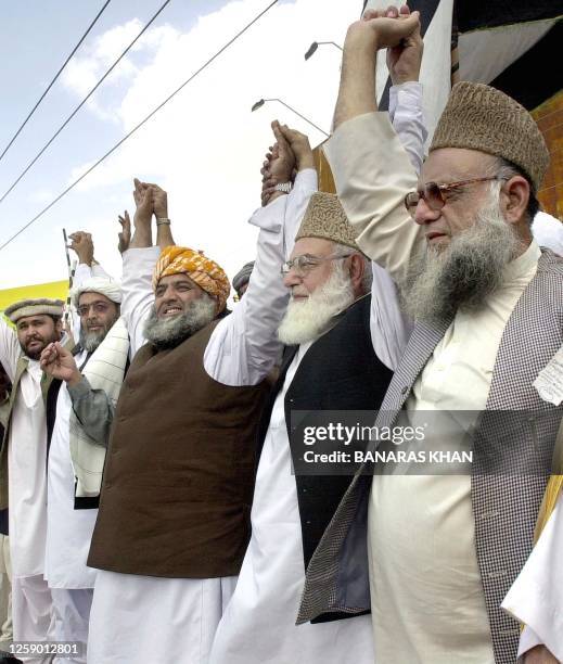 Leaders from Pakistan's six-party religious Islamic alliance Muttahida Majlis-e-Amal , Sajid Mir, Qazi Hussain Ahmed, Fazlur Rehman and Hafiz Hussain...