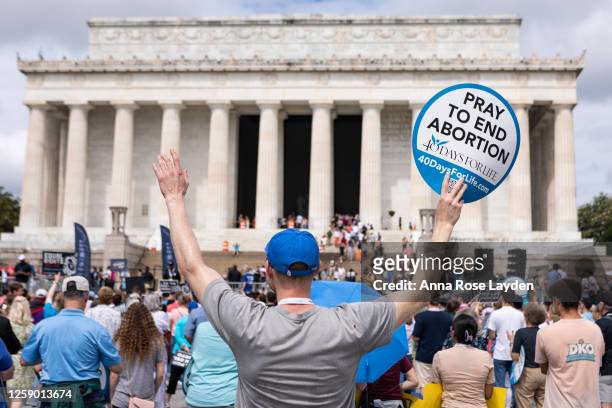 Anti-abortion activists participate in a Celebrate Life Day Rally at the Lincoln Memorial on June 24, 2023 in Washington, DC. The rally, organized by...