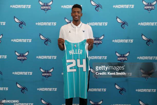 Brandon Miller of the Charlotte Hornets poses for a portrait on June 23, 2023 at Spectrum Center in Charlotte, North Carolina. NOTE TO USER: User...