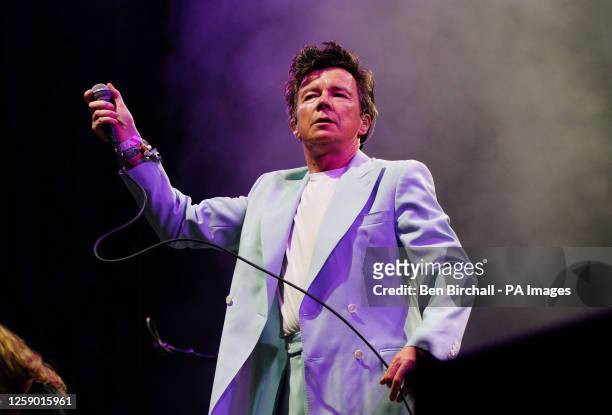 Rick Astley playing with the Blossoms on the Woodsies stage at the Glastonbury Festival at Worthy Farm in Somerset. Picture date: Saturday June 24,...