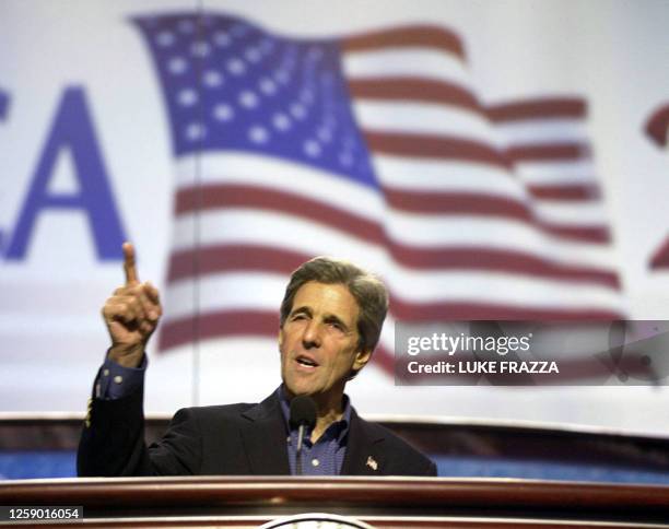Democratic presidential candidate John Kerry rehearses on the main podium of the Democratic National Convention 29 July 2004, in Boston,...