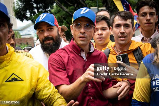 Opposition leader Henrique Capriles arrives a rally at La Castellana district on June 24, 2023 in Caracas, Venezuela. Henrique Capriles is currently...