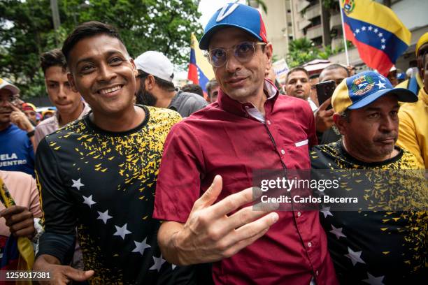 Opposition leader Henrique Capriles arrives a rally at La Castellana district on June 24, 2023 in Caracas, Venezuela. Henrique Capriles is currently...