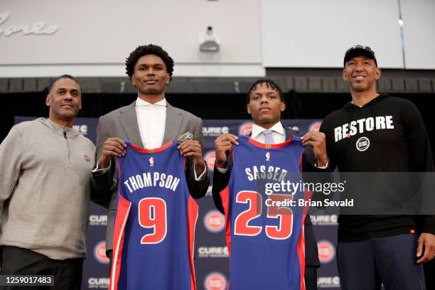 General Manager Troy Weaver, Ausar Thompson, Marcus Sasser and Head Coach Monty Williams of the Detroit Pistons pose for a photo on June 23, 2023 at...