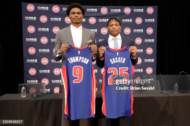 Ausar Thompson and Marcus Sasser of the Detroit Pistons pose for a photo on June 23, 2023 at Little Caesars Arena in Detroit, Michigan. NOTE TO USER:...