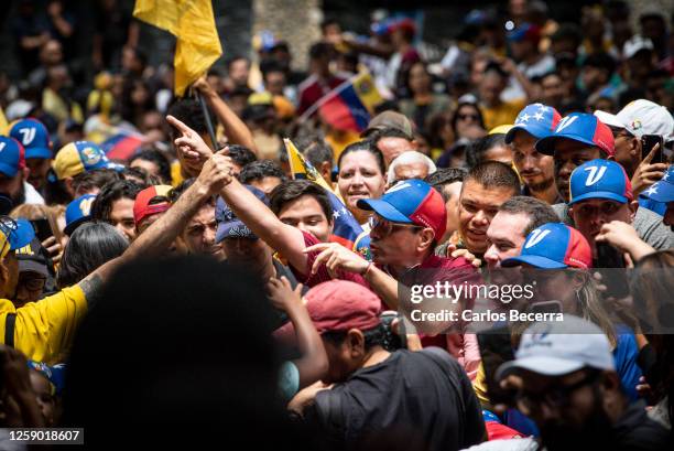 Opposition leader Henrique Capriles arrives to a rally at La Castellana district on June 24, 2023 in Caracas, Venezuela. Henrique Capriles is...