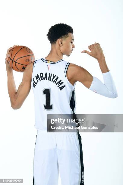 Victor Wembanyama of the San Antonio Spurs poses for a portrait on June 24, 2023 at the AT&T Center in San Antonio, Texas. NOTE TO USER: User...